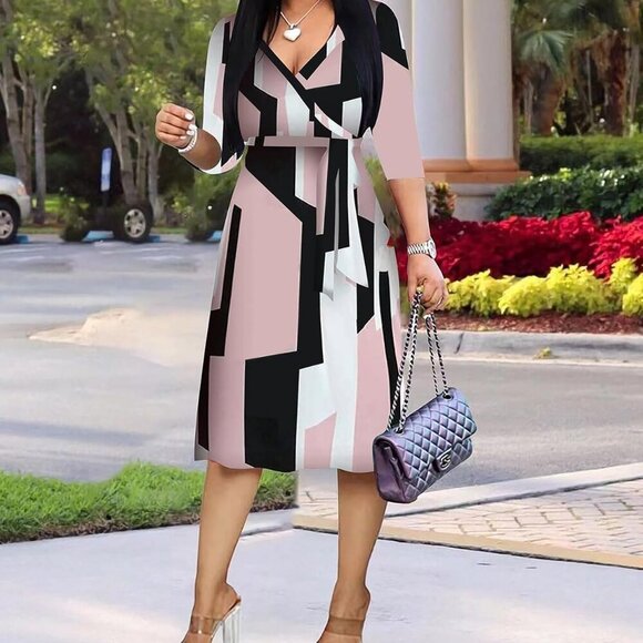 Womens Plus Size Summer Dresses Sexy V Neck Midi Dress Faux Wrap Dress 3/4 Sleev - Picture 3 of 5